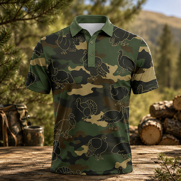 Turkey Hunting Camo Polo Shirt for Men ¨C Wild Turkey Outline Print, Gift for Hunters