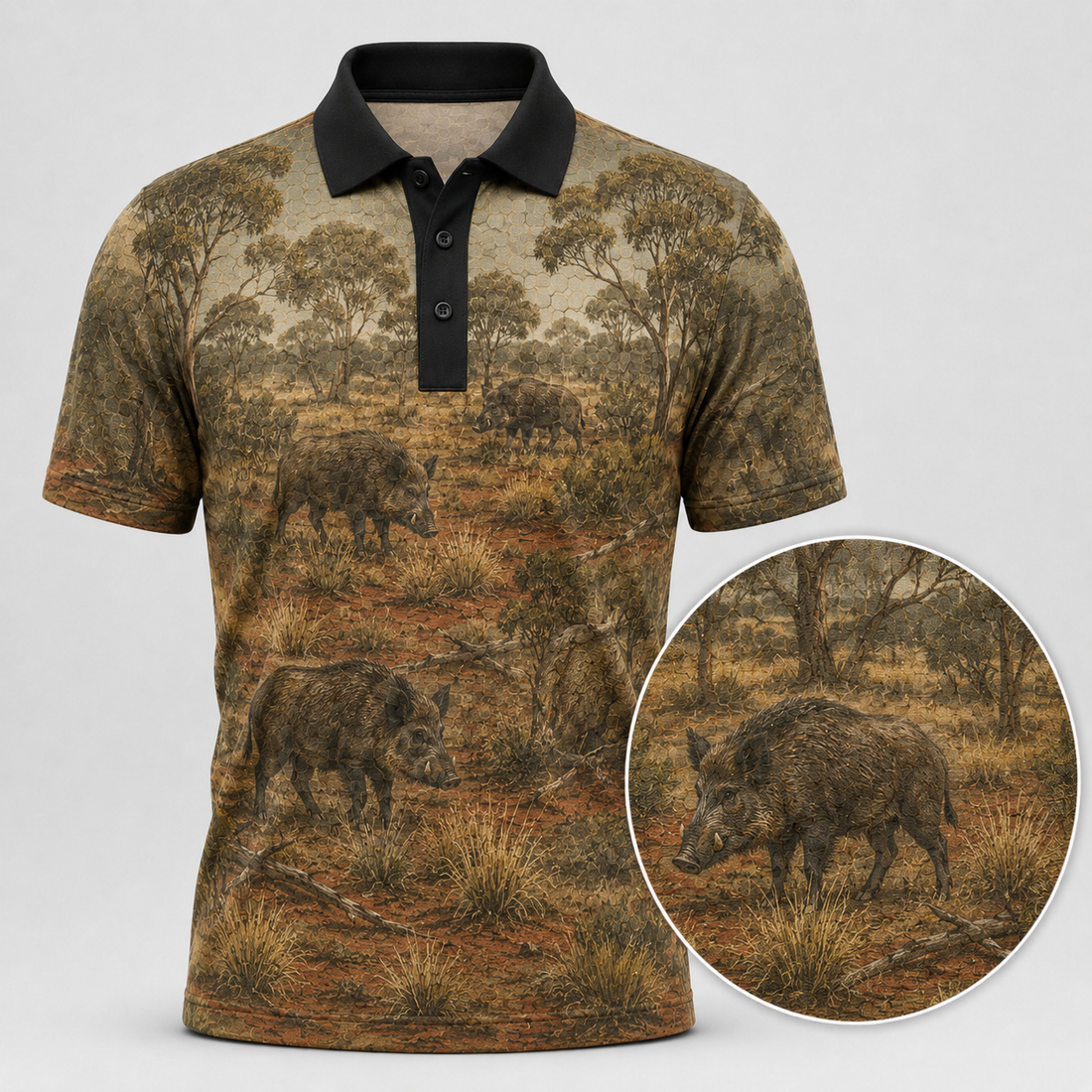 Wild Boar Hunting Polo Shirt for Men ¨C Feral Pig Print, Gift for Aussie Hog Hunters