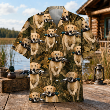 Yellow Labrador Hawaiian Shirt for Men ¨C Duck Hunting Dog & Mallard Print, Gift for Lab Lovers