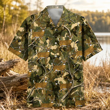 Deer Hunting Hawaiian Shirt for Men ¨C Whitetail Buck & Branch Camo Print, Gift for Hunters