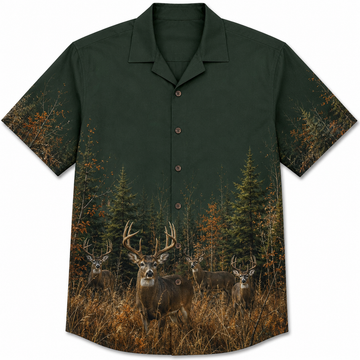 Deer Hunting Hawaiian Shirt for Men ¨C Whitetail Buck Forest Border Print, Gift for Deer Hunters