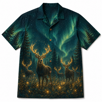 Deer Hawaiian Shirt for Men ¨C Mystical Glowing Buck Aurora Forest Print, Magical Night Gift
