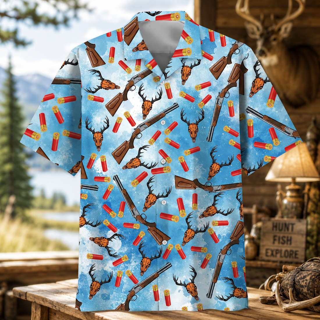 Deer Hunting Hawaiian Shirt for Men ¨C Deer Skull, Rifle & Tropical Floral Print, Gift for Hunters
