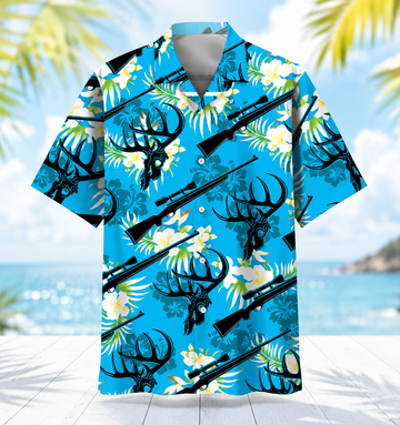 Deer Hunting Hawaiian Shirt for Men ¨C Deer Skull, Rifle & Tropical Floral Print, Gift for Hunters