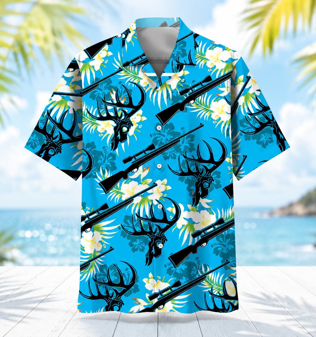 Deer Hunting Hawaiian Shirt for Men ¨C Deer Skull, Rifle & Bullets Print, Gift for Hunters