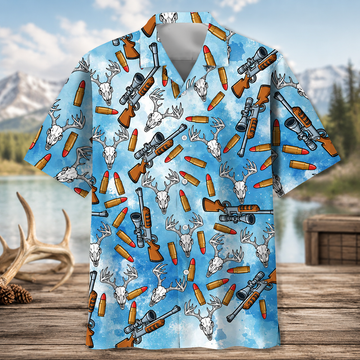 Deer Hunting Hawaiian Shirt for Men ¨C Deer Skull, Rifle & Bullets Print, Gift for Hunters