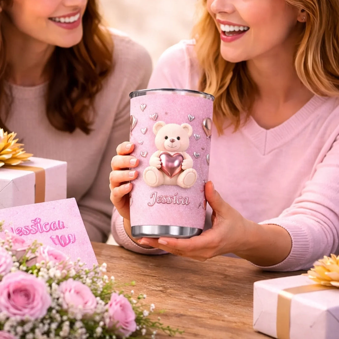 Customized Bear Heart-Themed Thermos Cup - Personalized Name