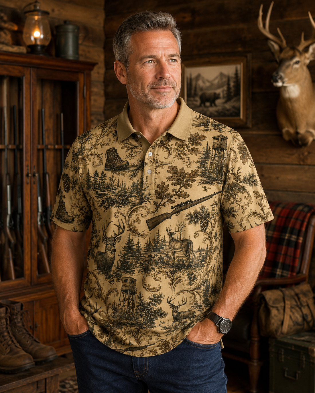 Deer & Rifle Toile Hunting Dad Polo Shirt  VCP1002