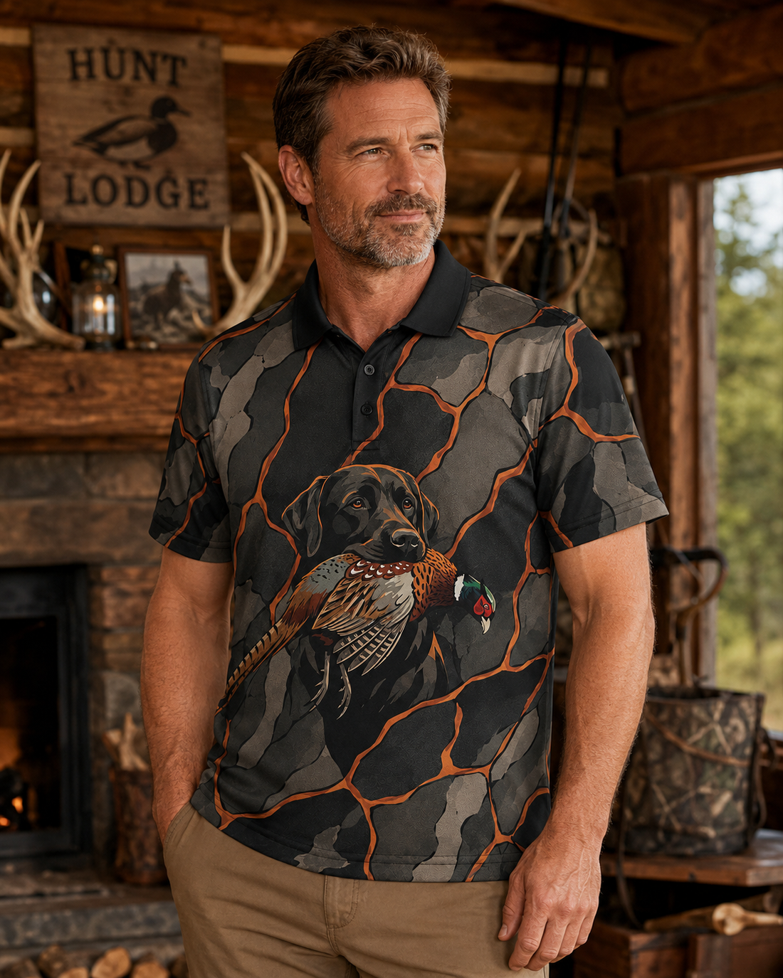 Chocolate Lab Pheasant Hunting Camo Polo Shirt  VCP1004