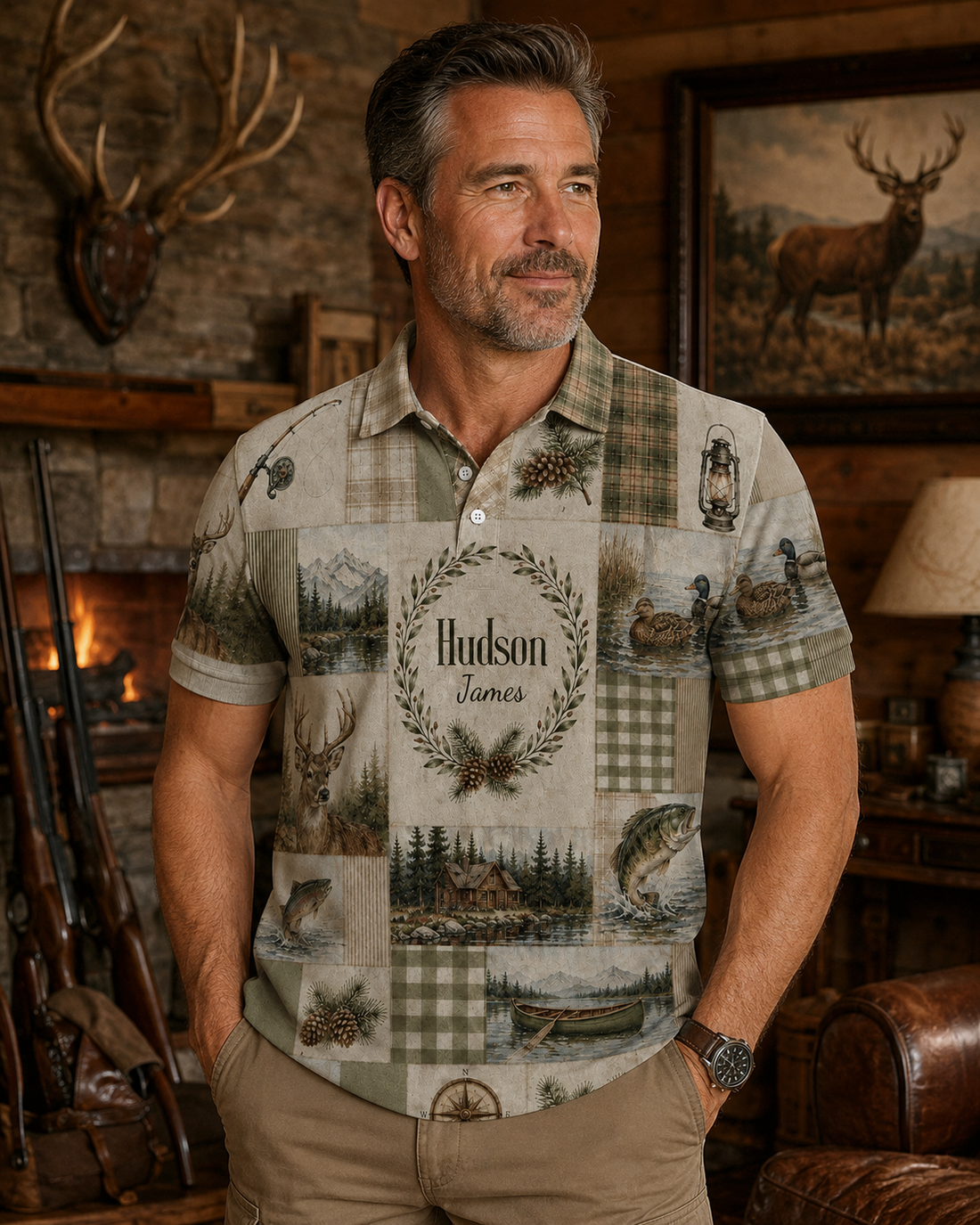 Personalized Hunting & Fishing Patchwork Polo Shirt VCP1006