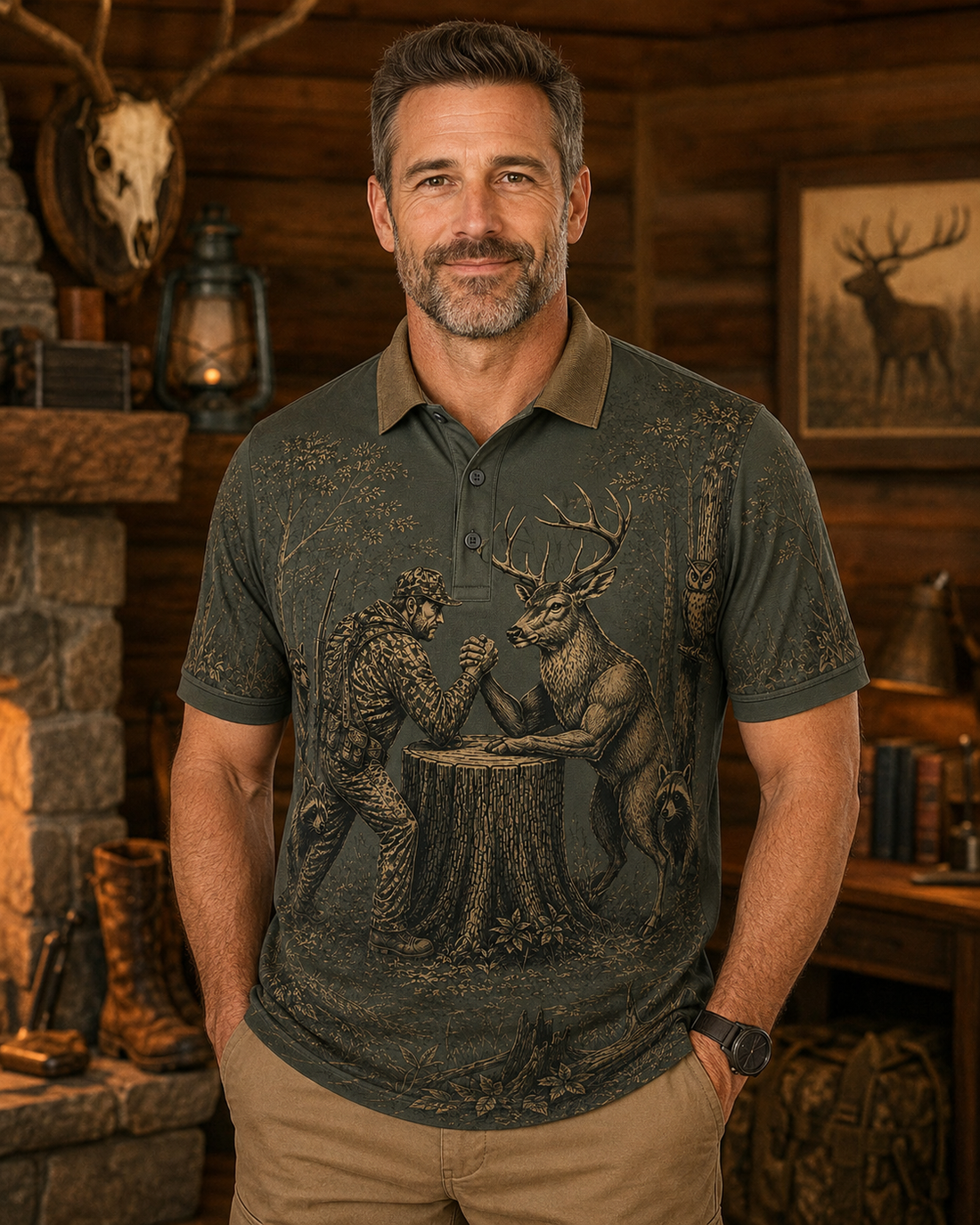 Hunter vs Deer Arm Wrestling Polo Shirt VCP1008