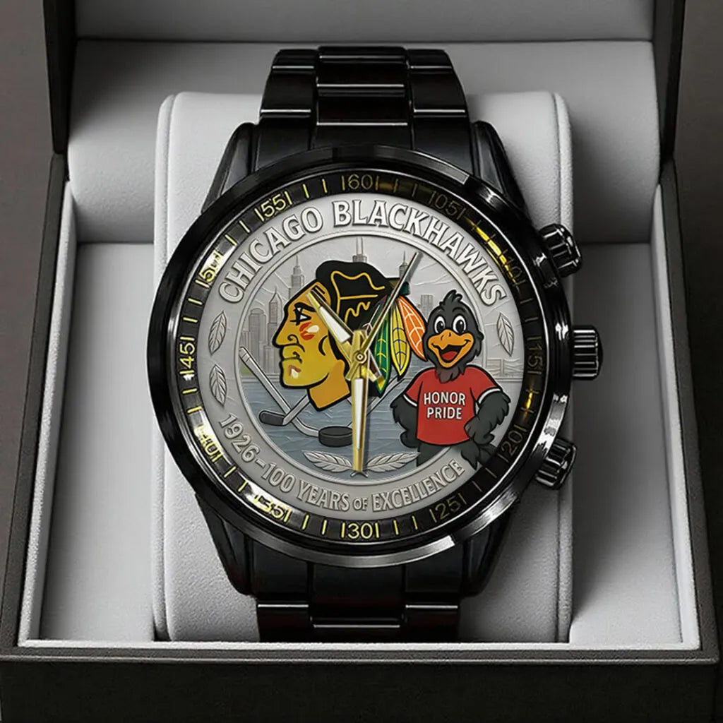 Chicago Blackhawks 100th Anniversary 2026 Black Stainless Steel Watch – TANTN16099