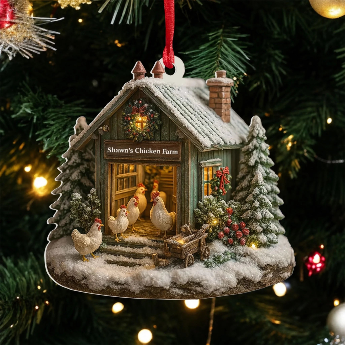 Chicken Coop Christmas Personalized 3D Relief White Acrylic Ornament Custom Name Farm Christmas Ornament Farmhouse Christmas Gift For Chicken Lovers