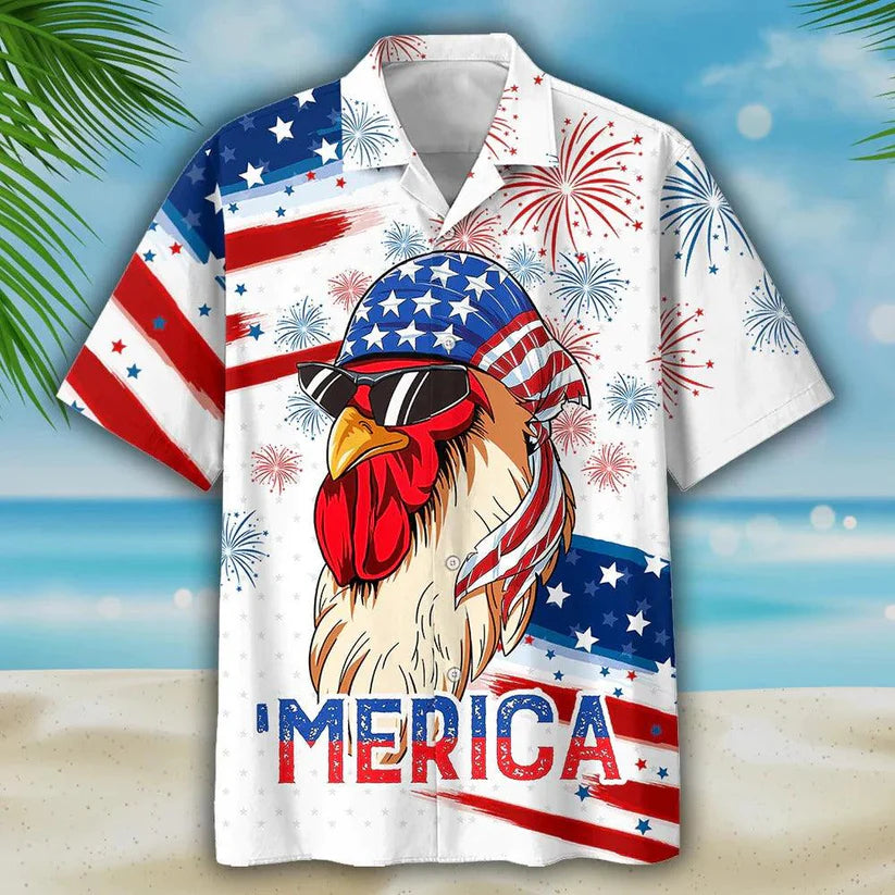 Chicken Independence Day Funny Aloha Hawaiian Shirts For Summer, USA Fourth Of July Aloha Hawaiian Shirt For Men Women, 4th Of July Gift For Patriotic