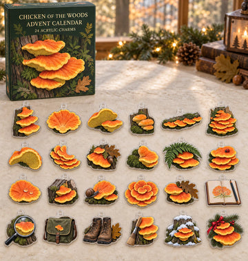 Chicken of the Woods advent calendar with 24 custom-shaped flat acrylic charms and printed dimensional artwork 2026 - 24-Day Countdown, Acrylic Charms