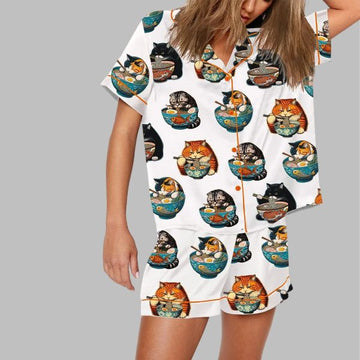 Chonky Black Cat Ramen Japanese Noodles Pajama Set