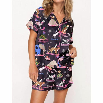 Christmas Animals Satin Pajama Set For Women