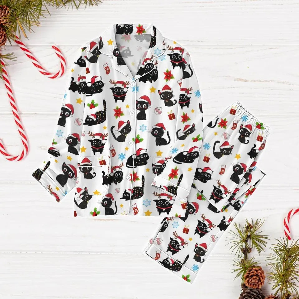 Christmas Black Cat Pajamas Set, Cat Santa Hat Holiday Pajamas, Cute Cat Xmas Pajamas, Pet Lover Pajamas, Cat Mom Shirt, Gift For Her