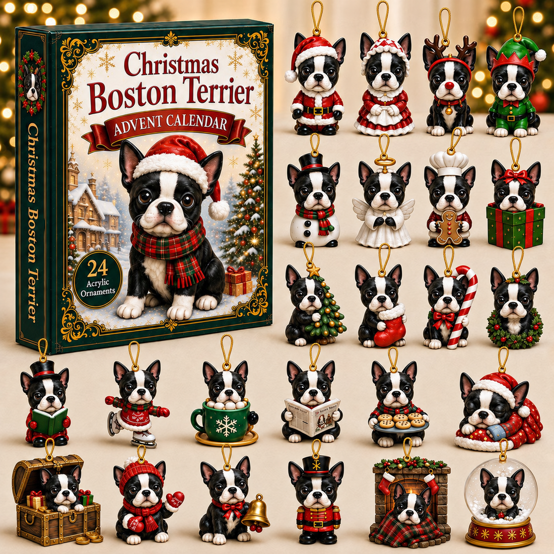 Christmas Boston Terrier Advent Calendar 2026 24 Day Festive Countdown Acrylic Charms Blind Box Gift For Boston Terrier Lovers