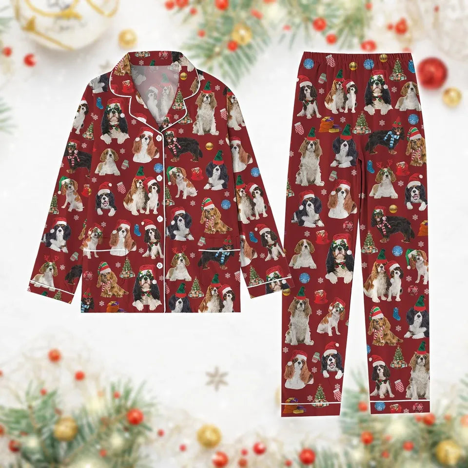 Christmas Cavalier King Charles Spaniel Pajamas Set, Cute Dog Santa Hat Shirt Pants Set, King Charles Spaniel Pj Set, Dog Mom Holiday P