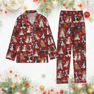 Christmas Cavalier King Charles Spaniel Pajamas Set, Cute Dog Santa Hat Shirt Pants Set, King Charles Spaniel Pj Set, Dog Mom Holiday P