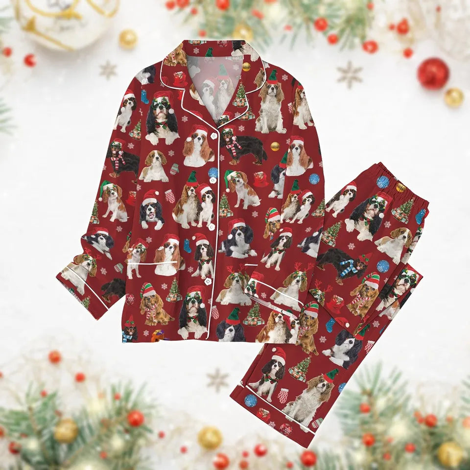 Christmas Cavalier King Charles Spaniel Pajamas Set, Cute Dog Santa Hat Shirt Pants Set, King Charles Spaniel Pj Set, Dog Mom Holiday P