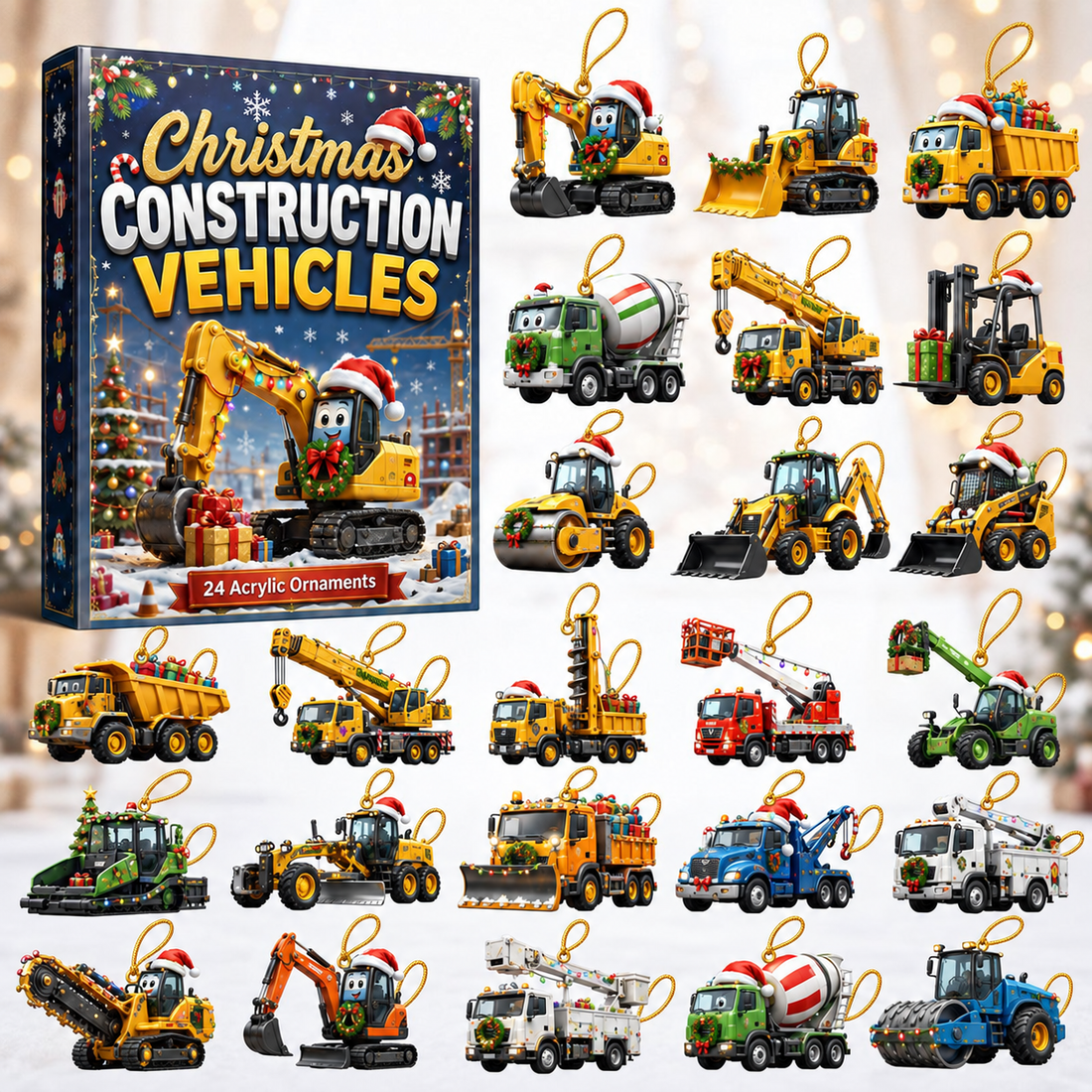 Christmas Construction Vehicles Advent Calendar 2026 24 Day Festive Countdown Acrylic Charms Blind Box Gift For Kids Family Friends