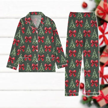 Christmas Coquette Bow Pajamas Set, Christmas Tree Holiday Pajamas, Matching Family Xmas Pajamas, Red Big Bow Pajamas, Sweet Xmas Gift