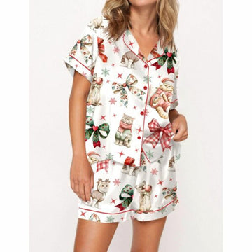 Christmas Coquette Cat Satin Pajama Set For Women