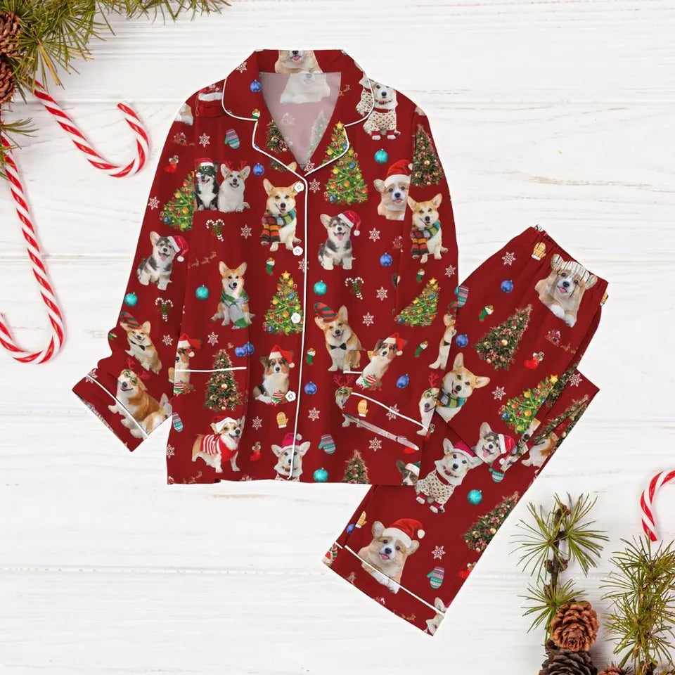 Christmas Corgi Dog Pajamas Set, Corgi Santa Hat Holiday Pajamas, Corgi Lover Xmas Pajamas, Cute Pets Pajamas, Dog Mom Shirt