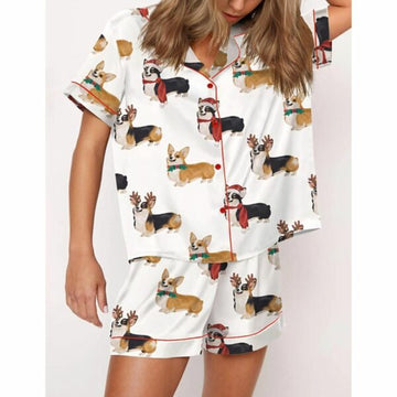 Christmas Corgi Satin Pajama Set For Women