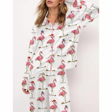 Christmas Flamingo Martini Satin Pajama Set For Women