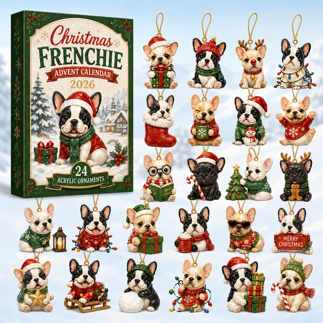 Christmas Frenchie Advent Calendar 2026 24 Day Festive Countdown Acrylic Charms Blind Box Gift For French Bulldog Lovers