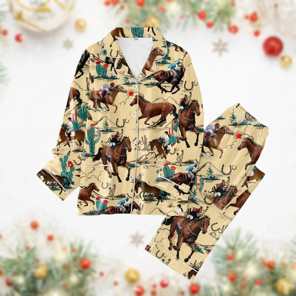 Christmas Horse Pajamas Set, Horse Lover Animal Pj Set, Xmas Gift For Horse Mom, Horses In A Row Holyday Pajamas, Xmas Farm Animals Pajamas