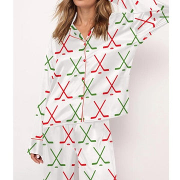 Christmas Ice Hockey Satin Pajama Set For Women