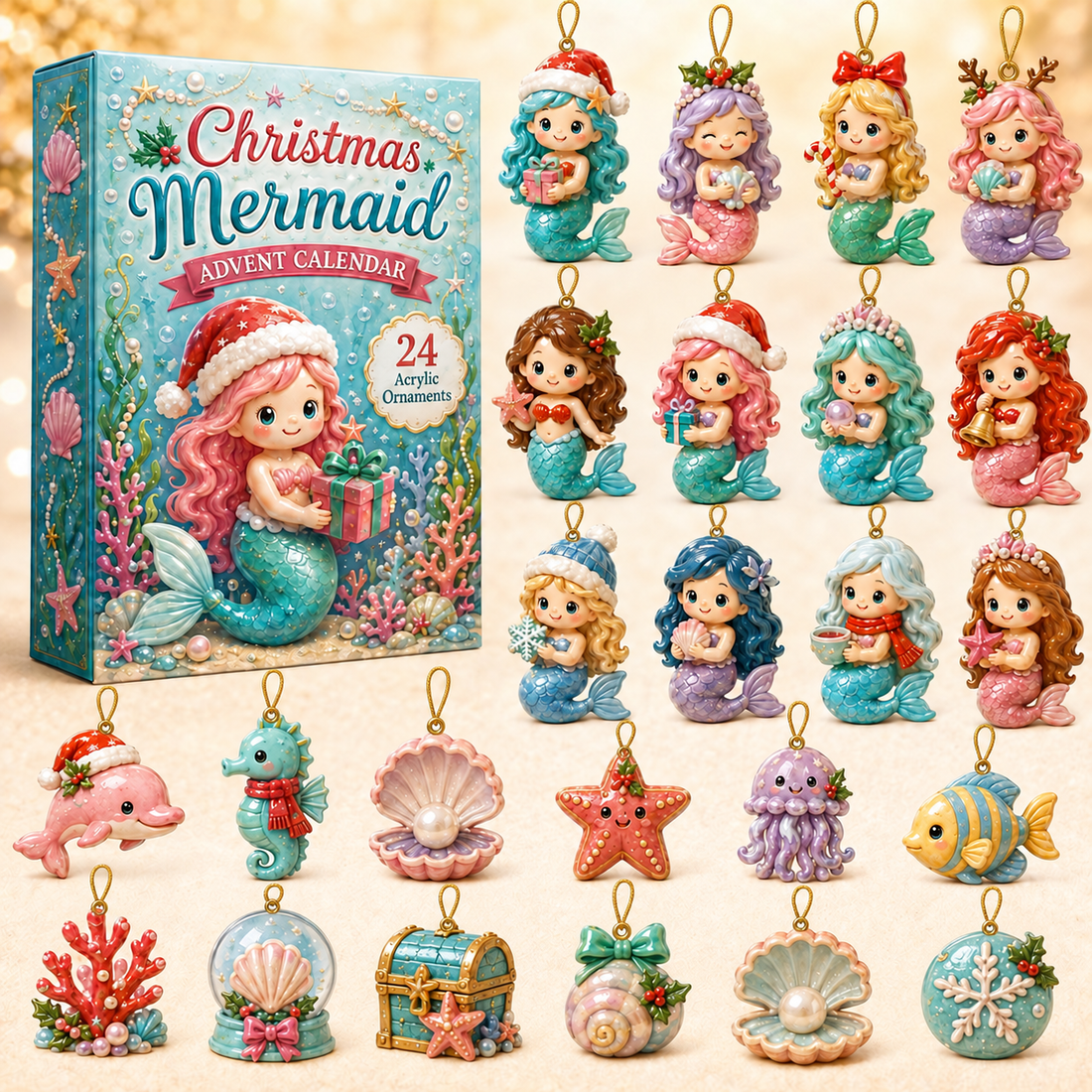 Christmas Mermaid Advent Calendar 2026 24 Day Festive Countdown Acrylic Charms Blind Box Gift For Mermaid Lovers