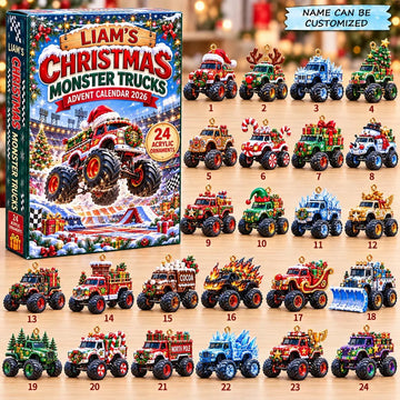 Christmas Monster Trucks Advent Calendar 2026 - 24-Day Countdown, Acrylic Charms