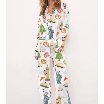 Christmas New York Satin Pajama Set For Women