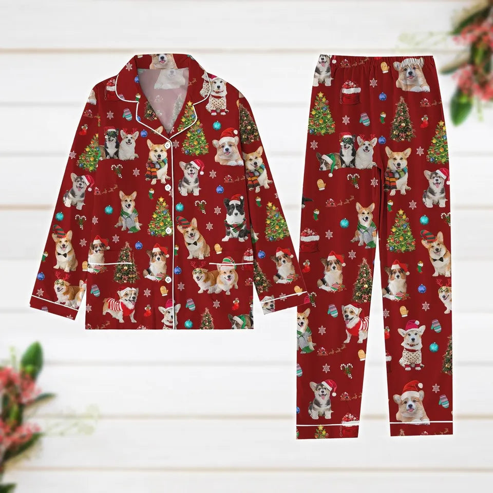 Christmas Pajamas Set, Corgi Dog Pajamas, Dog Owner Xmas Pajamas, Pets Santa Hat Pajamas, Corgi Mom Women Pajamas, Animal Lover Gift