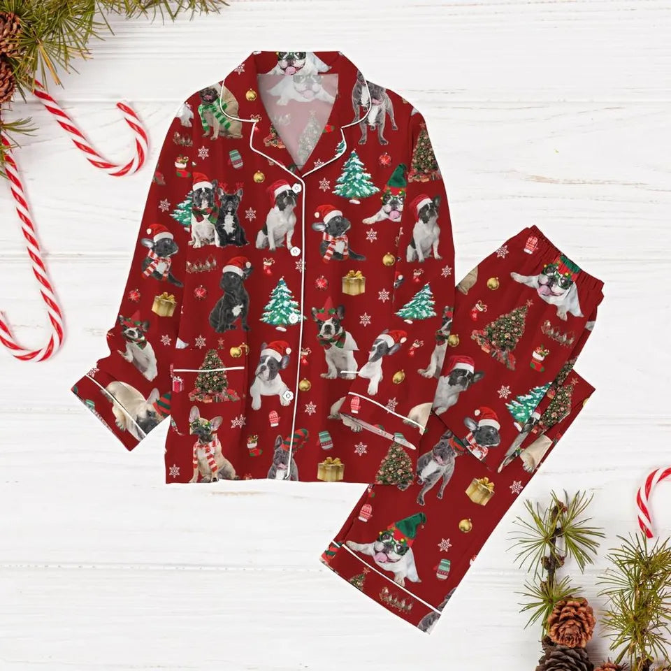 Christmas Pug Dog Pajamas Set, Pug Santa Hat Pajamas, Pug Mom Holiday Pajamas, Dog Mom Family Pajamas, Dog Lover Gift