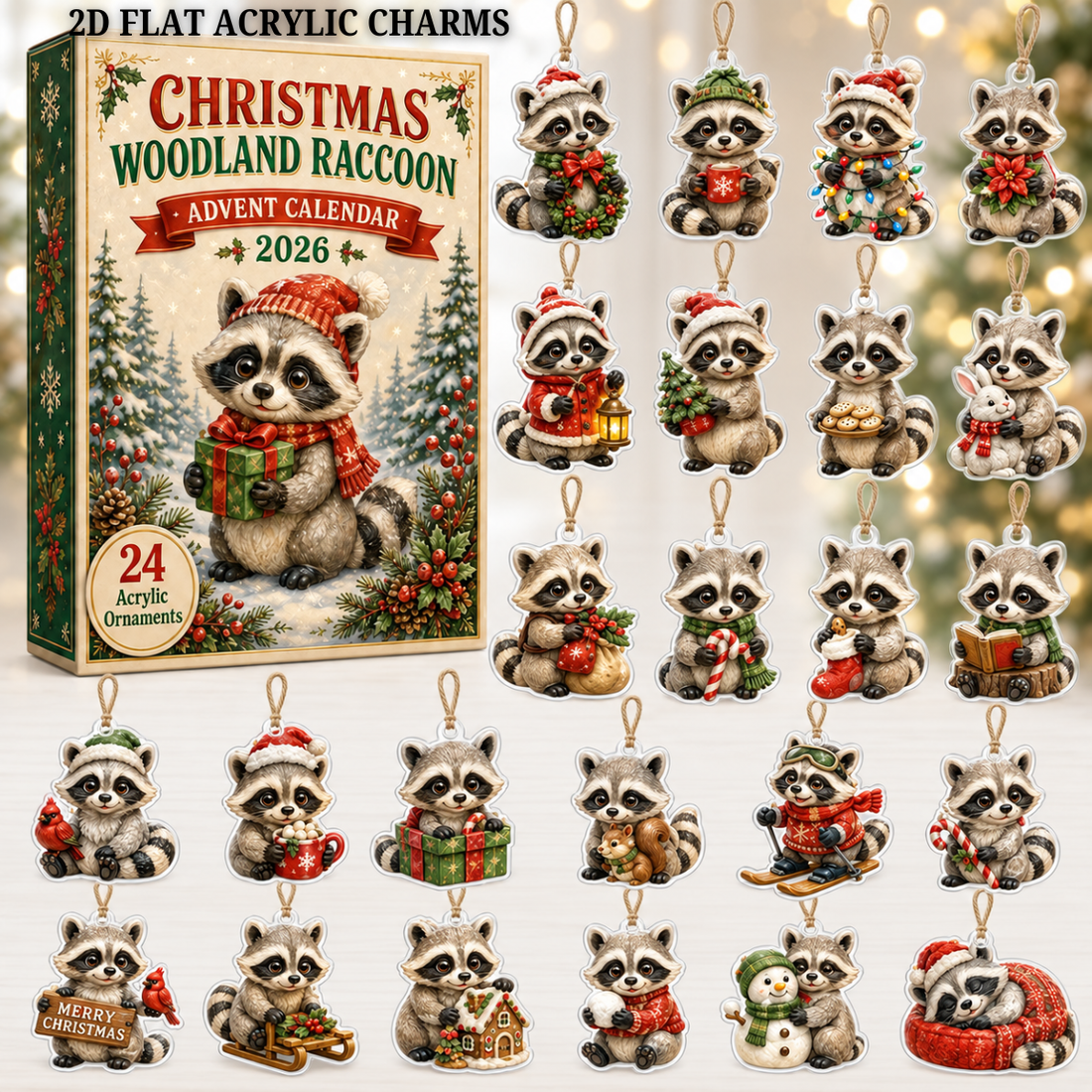 Christmas Woodland Raccoon Advent Calendar 2026 24 Day Festive Countdown Acrylic Charms Blind Box Gift For Woodland Lovers Family Friends