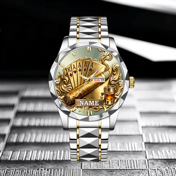 Cigar Whiskey Poker Customized Watch - Personalized Name & Alcohol Casino Theme - Gifts For Him, Dad