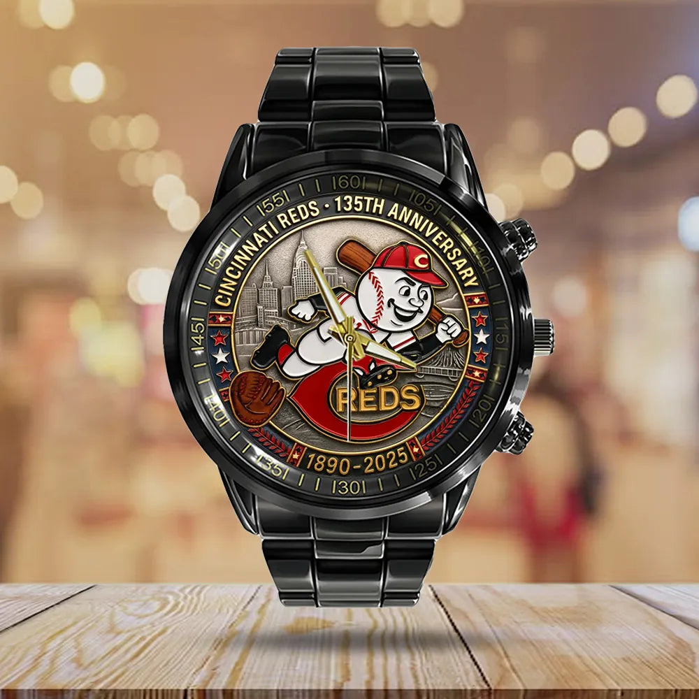 Cincinnati Reds 135th Anniversary 2025 Black Stainless Steel Watch – TANTN17066