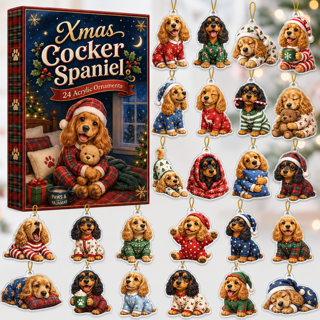 Cocker Spaniel Pajama Advent Calendar 2026 24 Day Festive Countdown Acrylic Charms Blind Box Gift For Cocker Spaniel Lovers