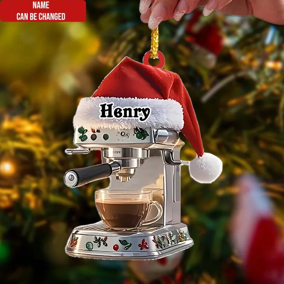 Coffee Machine With Santa Hat Personalized Acrylic Ornament Christmas Tree Decor