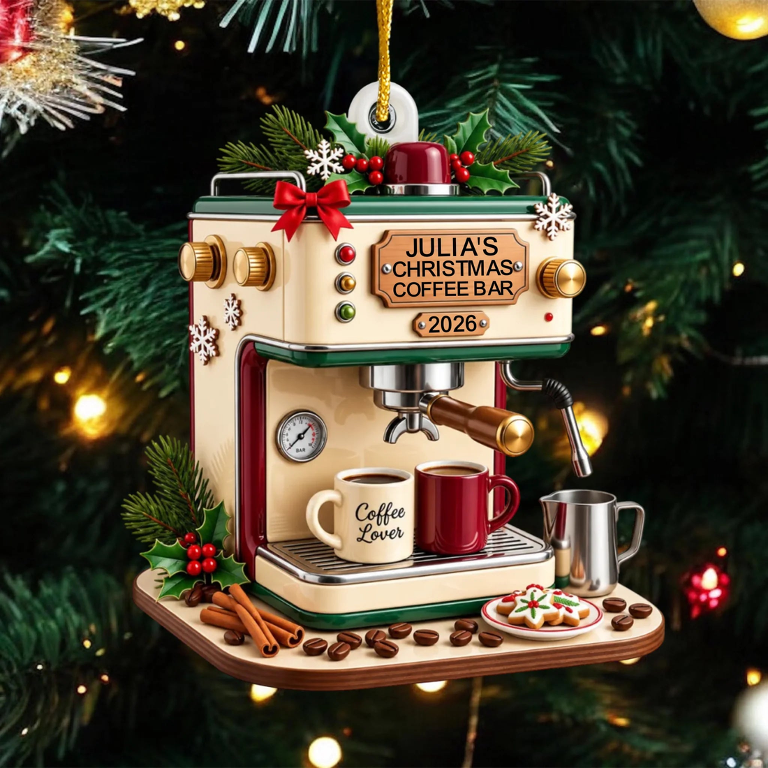 Coffee Maker Christmas Personalized Acrylic Ornament Custom Espresso Machine Xmas Decor 2026 Gift For Coffee Lover Barista Coffee Bar Ornament