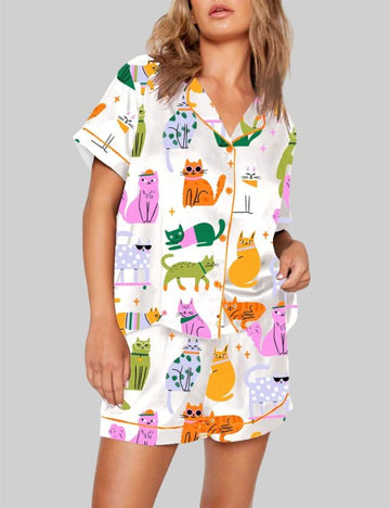 Colorful Cat Art Print Short Sleeve Pajama Set