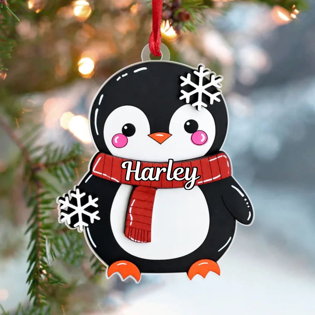 Colorful Penguin Personalized 3D White Acrylic Ornament Custom Kids Name Tag Custom Family Christmas Ornament