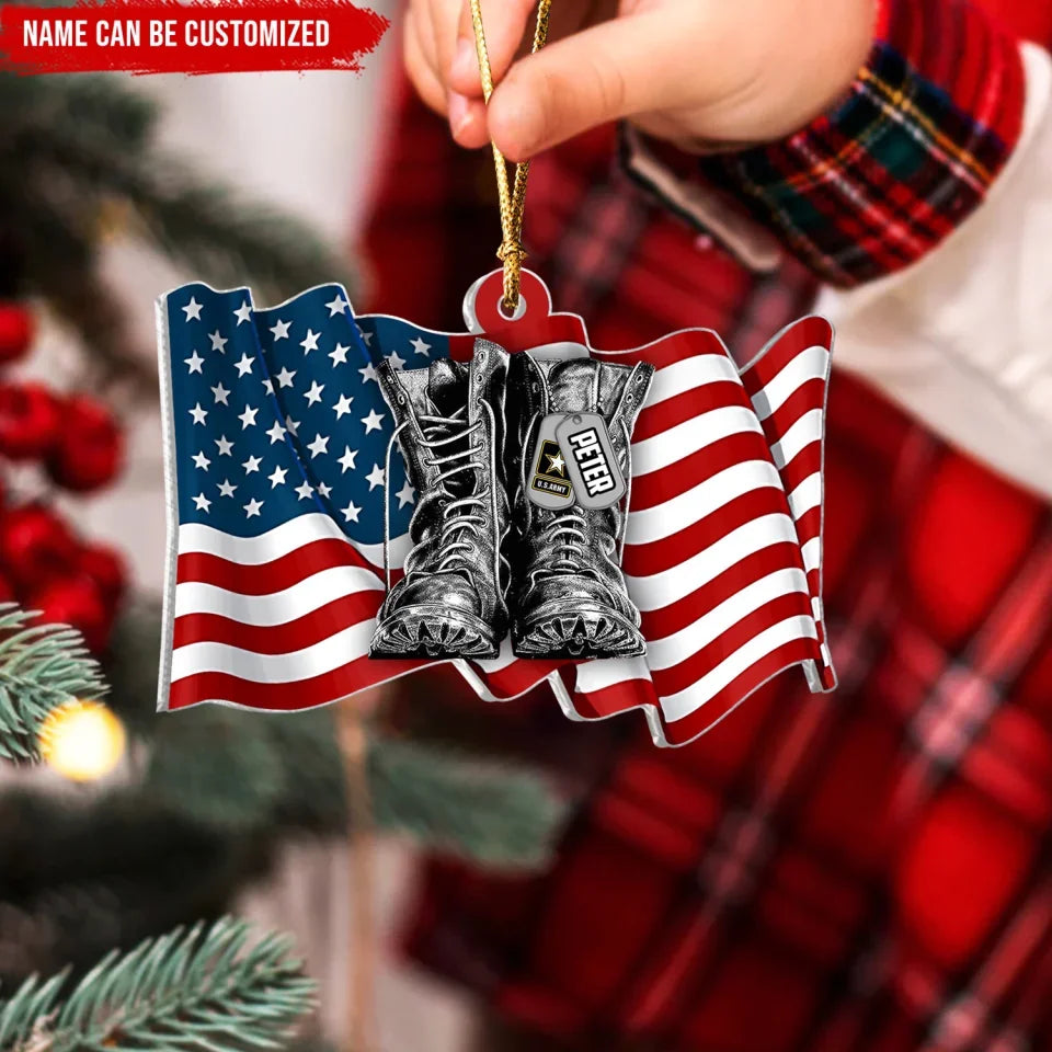 Combat Boots With American Flag Custom Name Military Branch Flag Personalized Acrylic Ornament