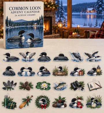 Common Loon advent calendar with 24 custom-shaped flat acrylic charms and printed dimensional artwork 2026 - 24-Day Countdown, Acrylic Charms
